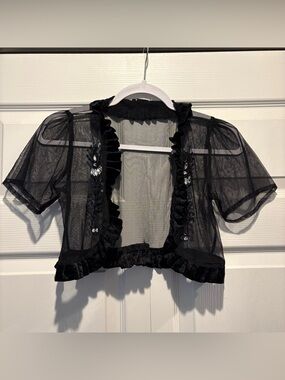 FRANGI black sheer mesh embellished beaded short sleeve bolero whimsigoth S/M